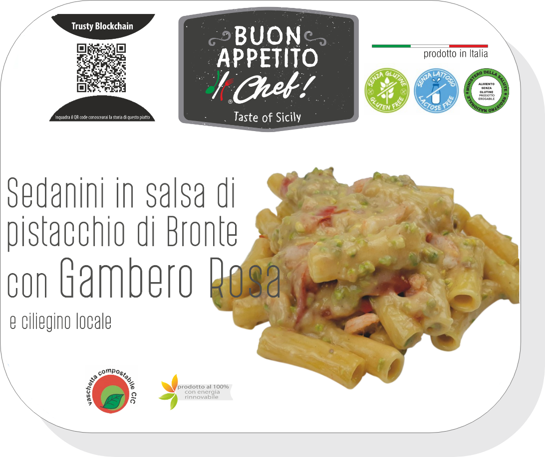 Sedanini in salsa di pistacchio di Bronte con Gamberi rosa e ciliegino locale